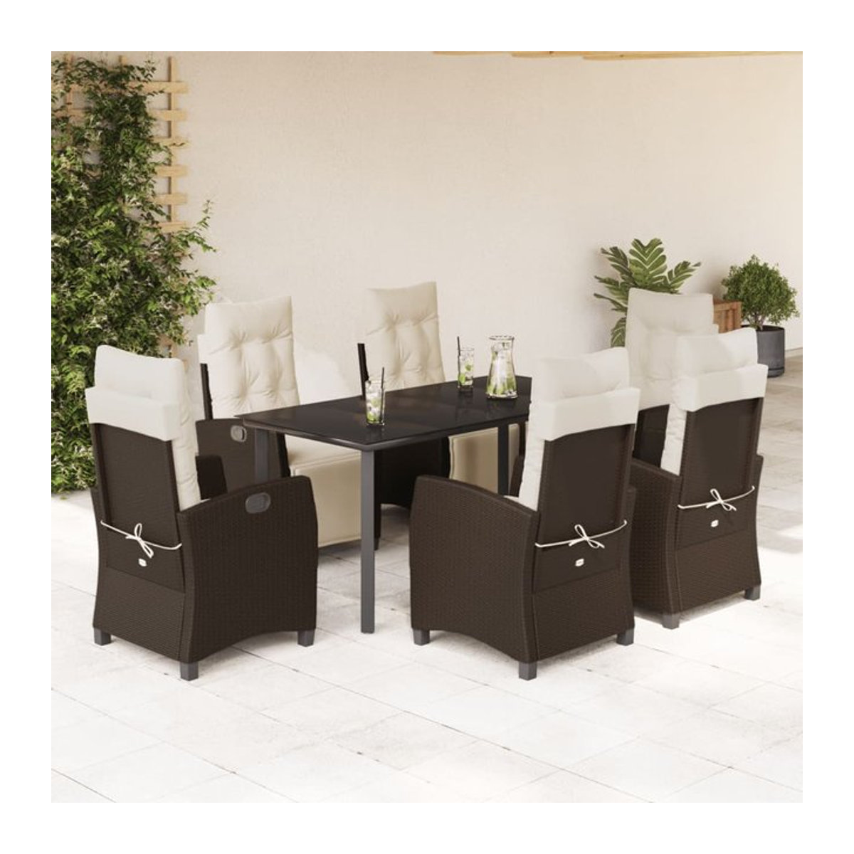 Vidaxl Gartenmöbel-Set aus Polyrattan mit Kissen und Glastisch in Braun, 7-teilig - Bild 1