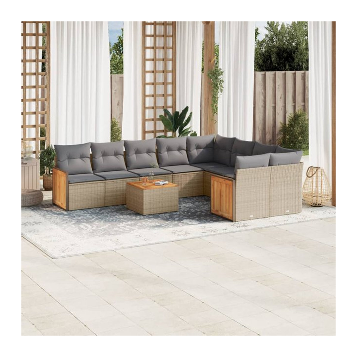 Vidaxl Gartenmöbel-Set aus Polyrattan und Akazie mit 10 Teilen und Kissen, Beige - Bild 1