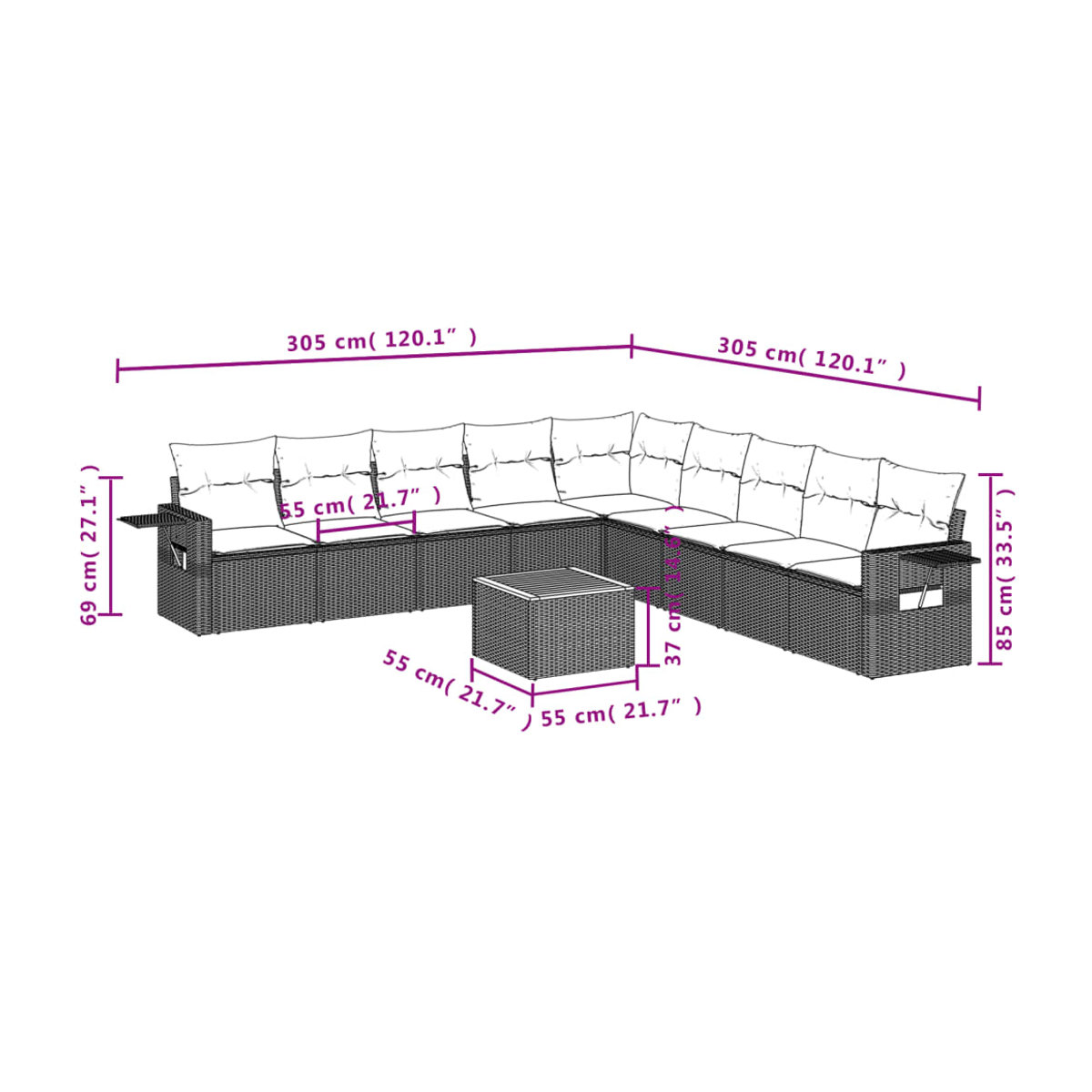 Vidaxl Gartenmöbel-Set aus Polyrattan und Akazie mit 10 Teilen und Kissen, Beige - Bild 2
