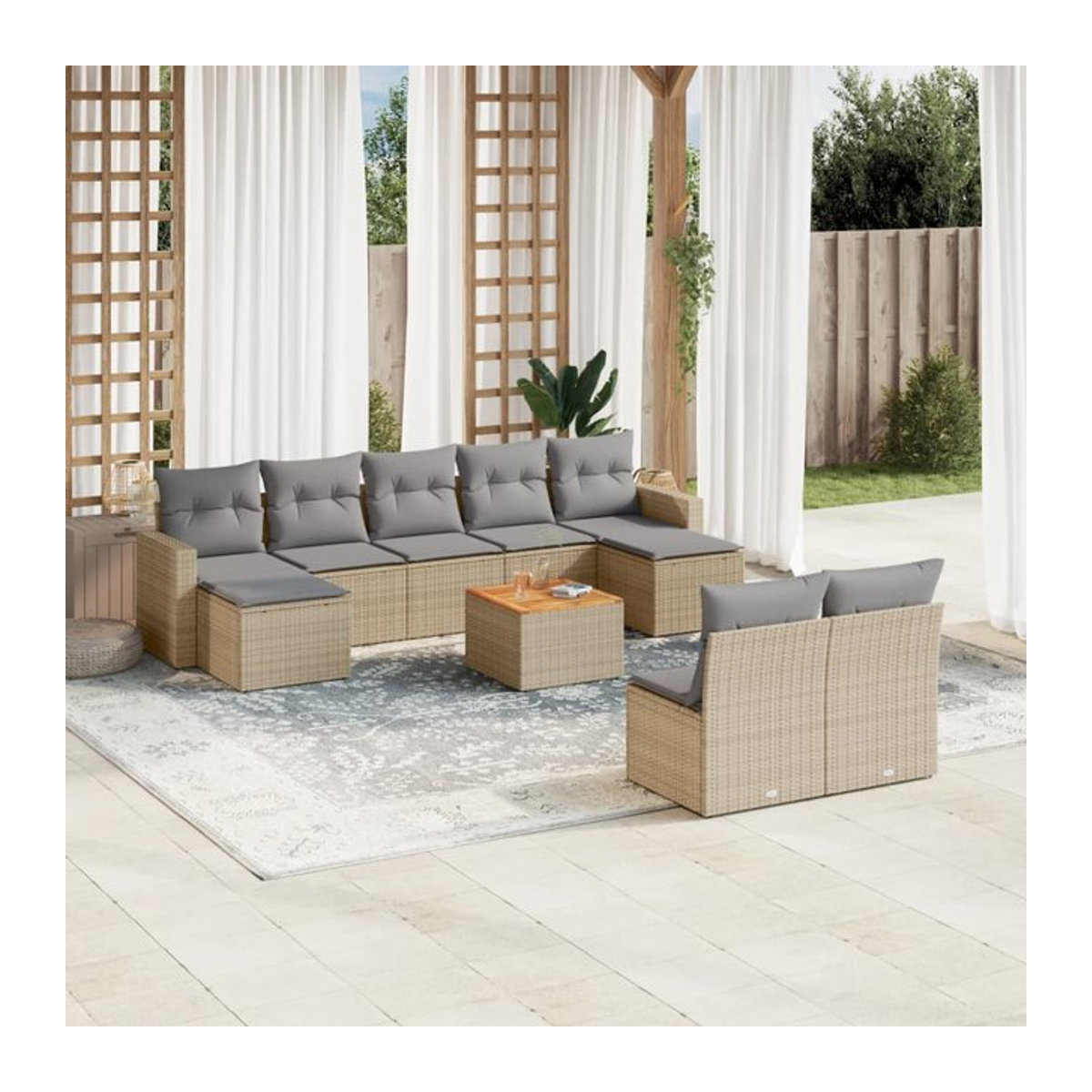 Vidaxl Gartenmöbel-Set aus Polyrattan und Akazie mit 10 Teilen und Kissen in Beige - Bild 1