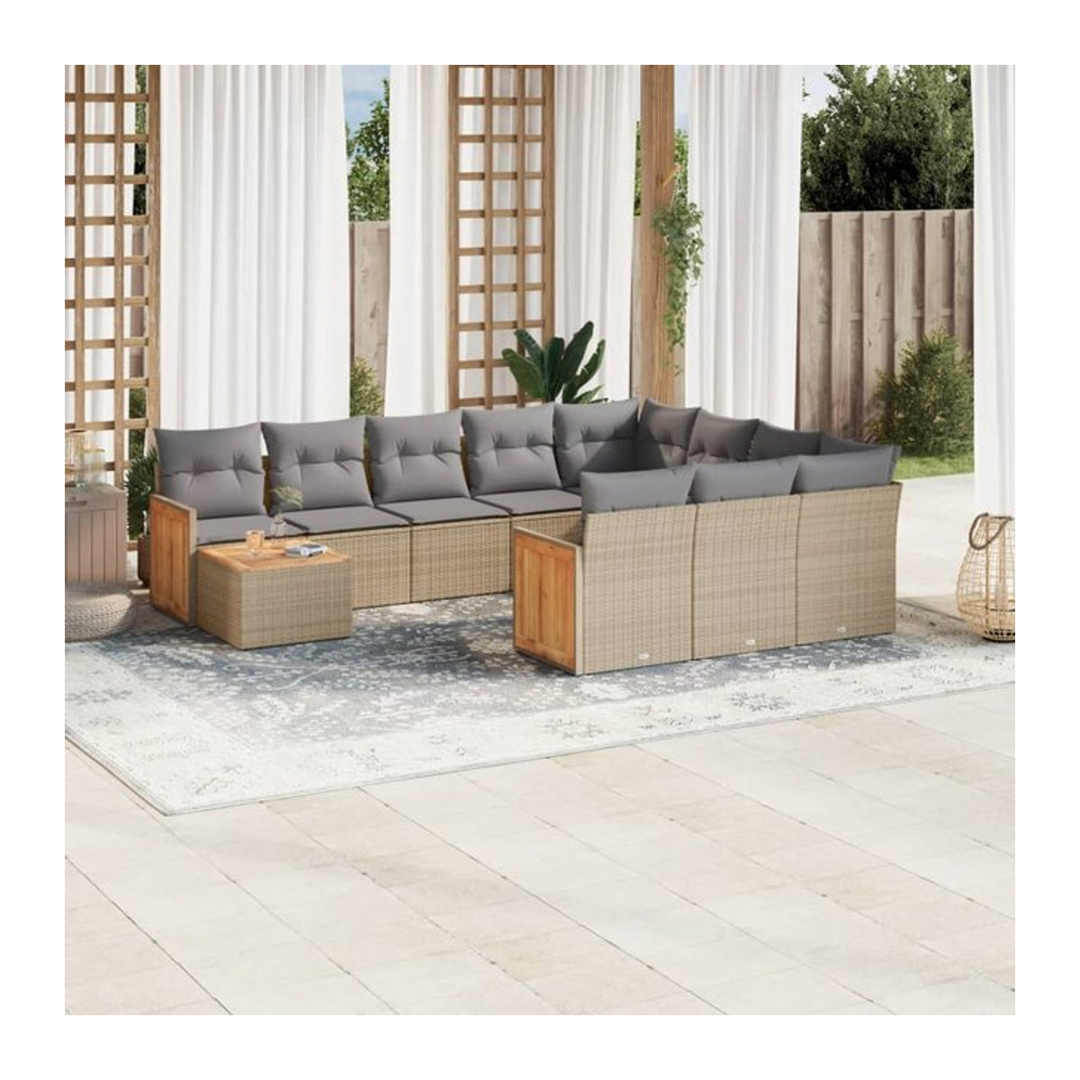 Vidaxl Gartenmöbel-Set aus Polyrattan und Akazie mit 11 Teilen und Kissen, Beige - Bild 1