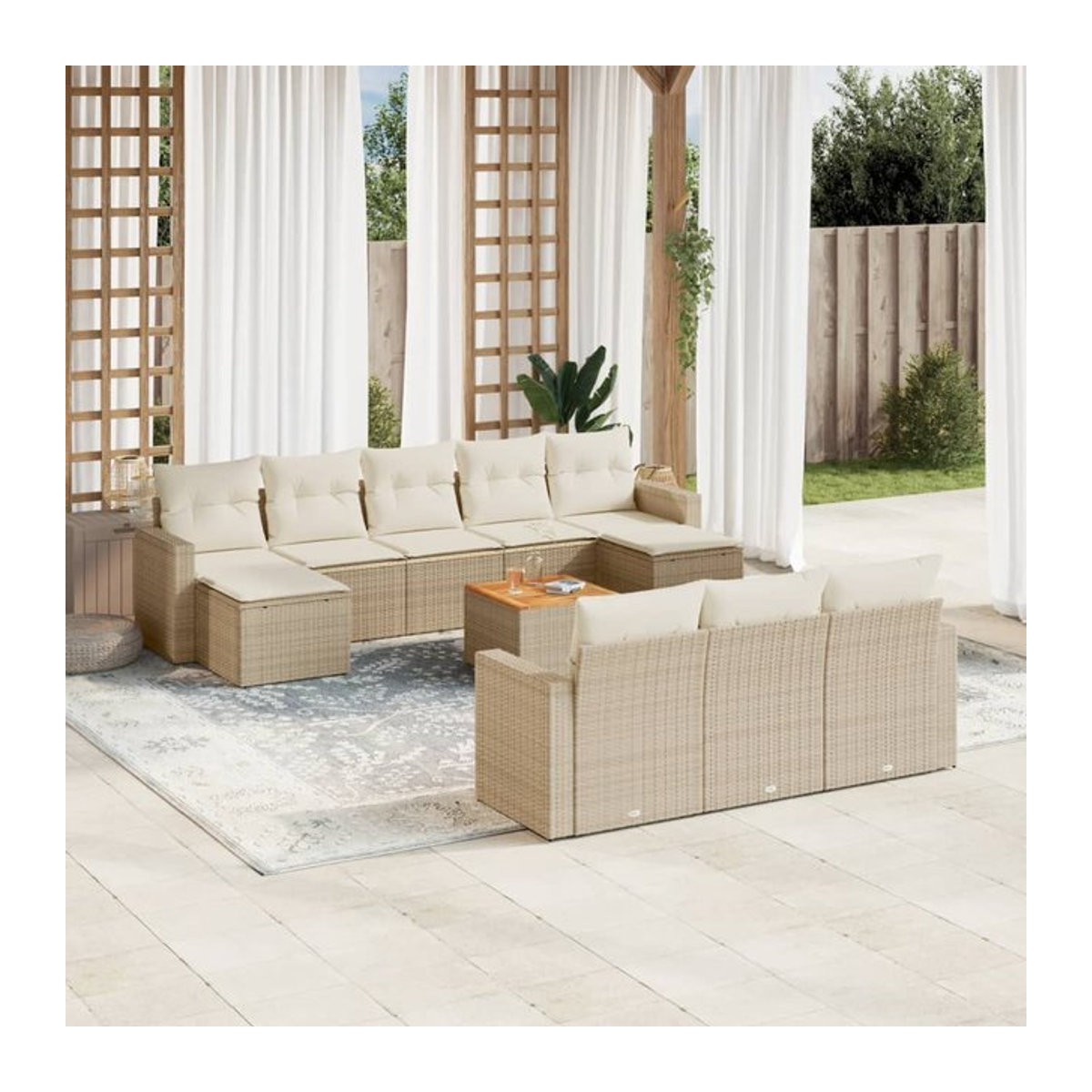 Vidaxl Gartenmöbel-Set aus Polyrattan und Akazie mit 11 Teilen und Kissen, Beige - Bild 1