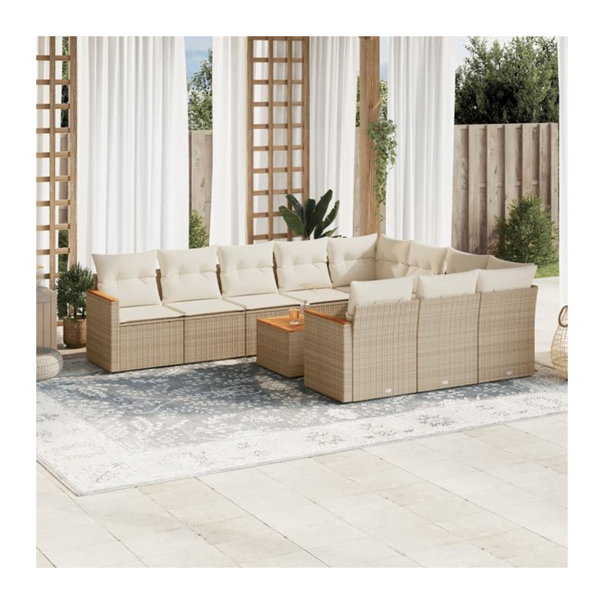 Vidaxl Gartenmöbel-Set aus Polyrattan und Akazie mit 11 Teilen und Kissen, Beige - Bild 1