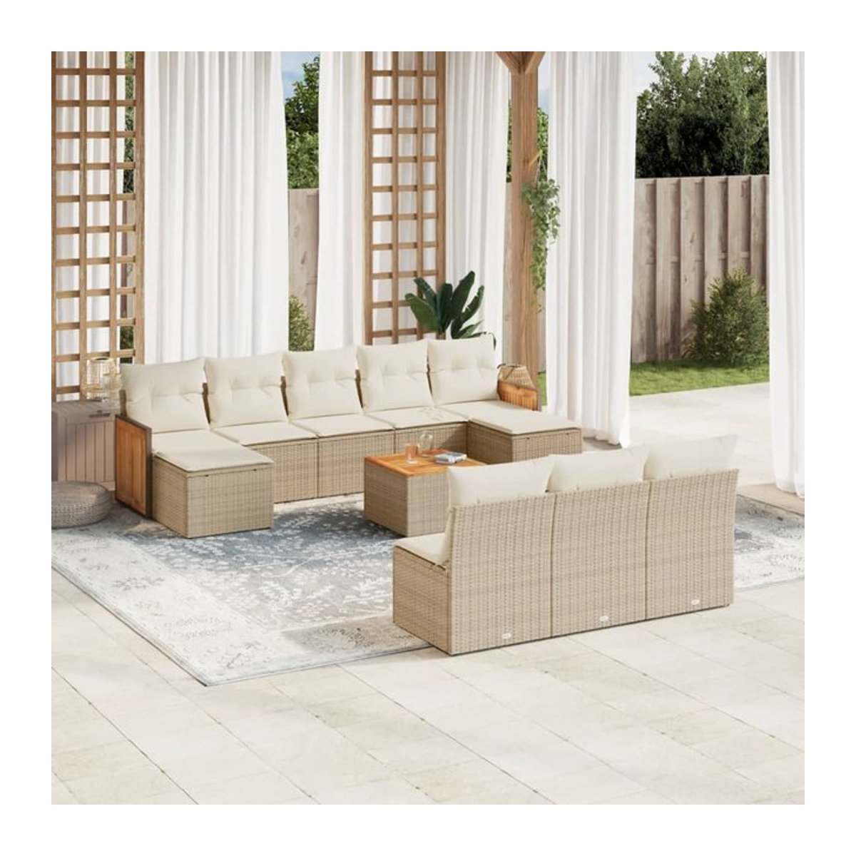 Vidaxl Gartenmöbel-Set aus Polyrattan und Akazie mit 11 Teilen und Kissen, Beige - Bild 1