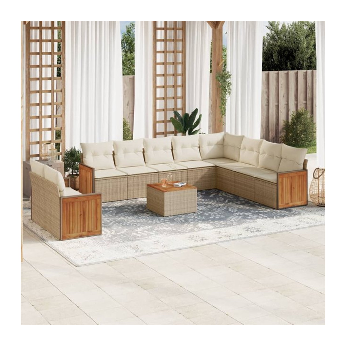Vidaxl Gartenmöbel-Set aus Polyrattan und Akazie mit 11 Teilen und Kissen, Beige - Bild 1