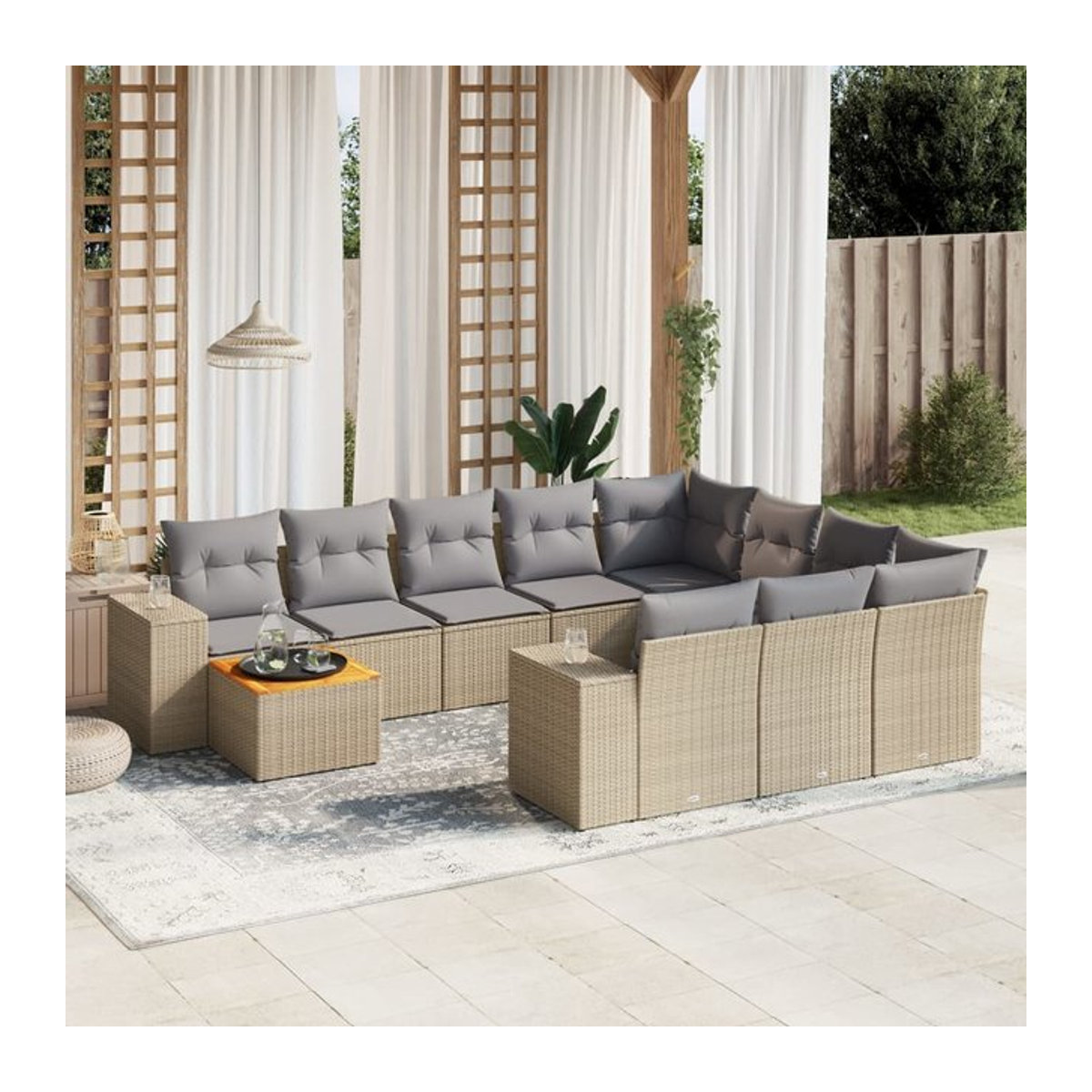 Vidaxl Gartenmöbel-Set aus Polyrattan und Akazie mit 11 Teilen und Kissen, Beige - Bild 1