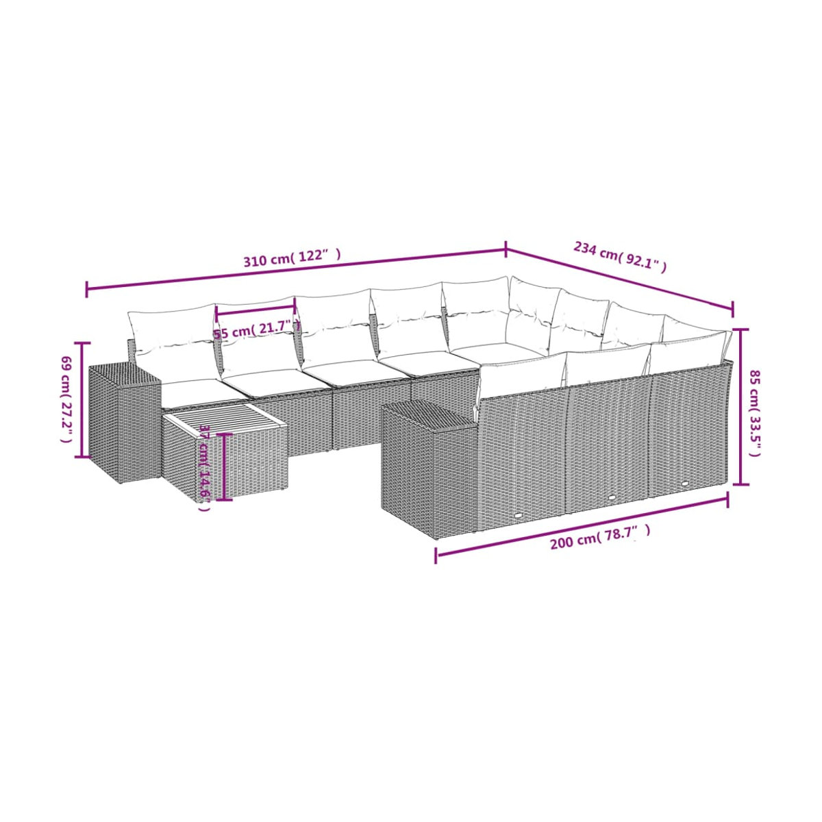 Vidaxl Gartenmöbel-Set aus Polyrattan und Akazie mit 11 Teilen und Kissen, Beige - Bild 2