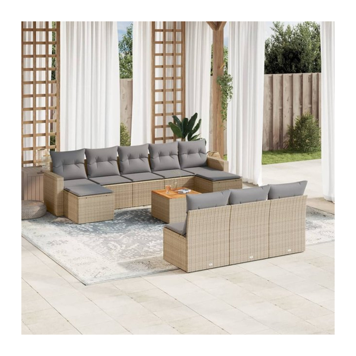 Vidaxl Gartenmöbel-Set aus Polyrattan und Akazie mit 11 Teilen und Kissen, Beige - Bild 1