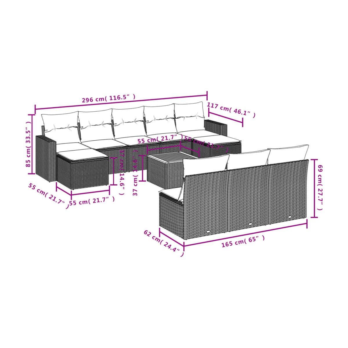 Vidaxl Gartenmöbel-Set aus Polyrattan und Akazie mit 11 Teilen und Kissen, Beige - Bild 2