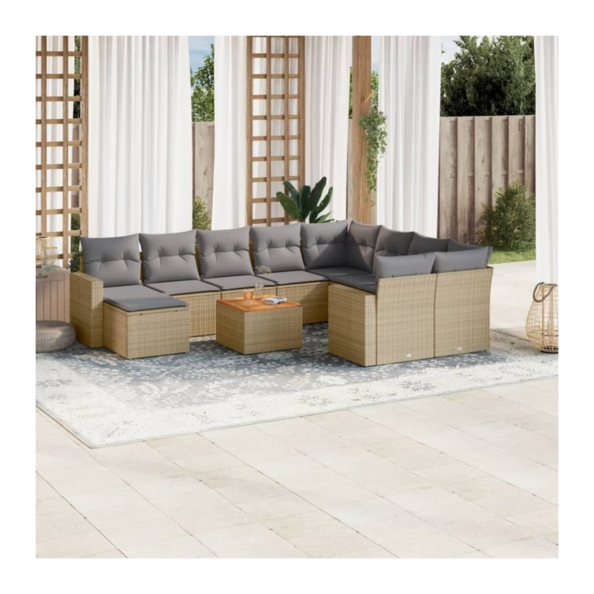 Vidaxl Gartenmöbel-Set aus Polyrattan und Akazie mit 11 Teilen und Kissen, Beige - Bild 1