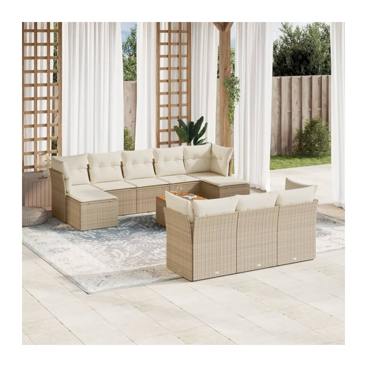 Vidaxl Gartenmöbel-Set aus Polyrattan und Akazie mit 11 Teilen und Kissen, Beige - Bild 1