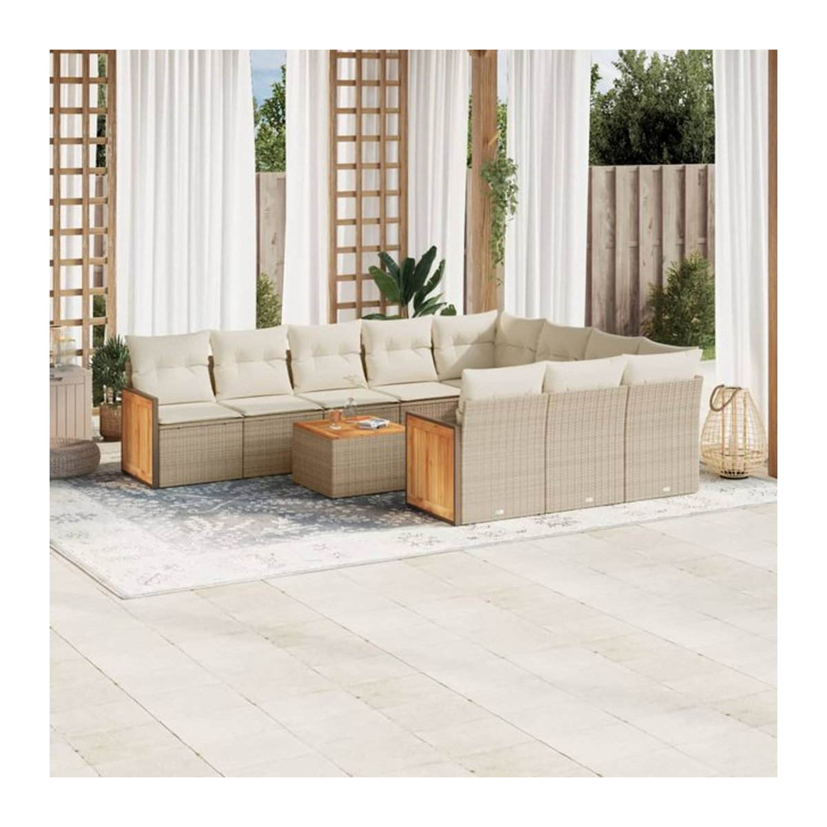 Vidaxl Gartenmöbel-Set aus Polyrattan und Akazie mit 11 Teilen und Kissen, Beige - Bild 1