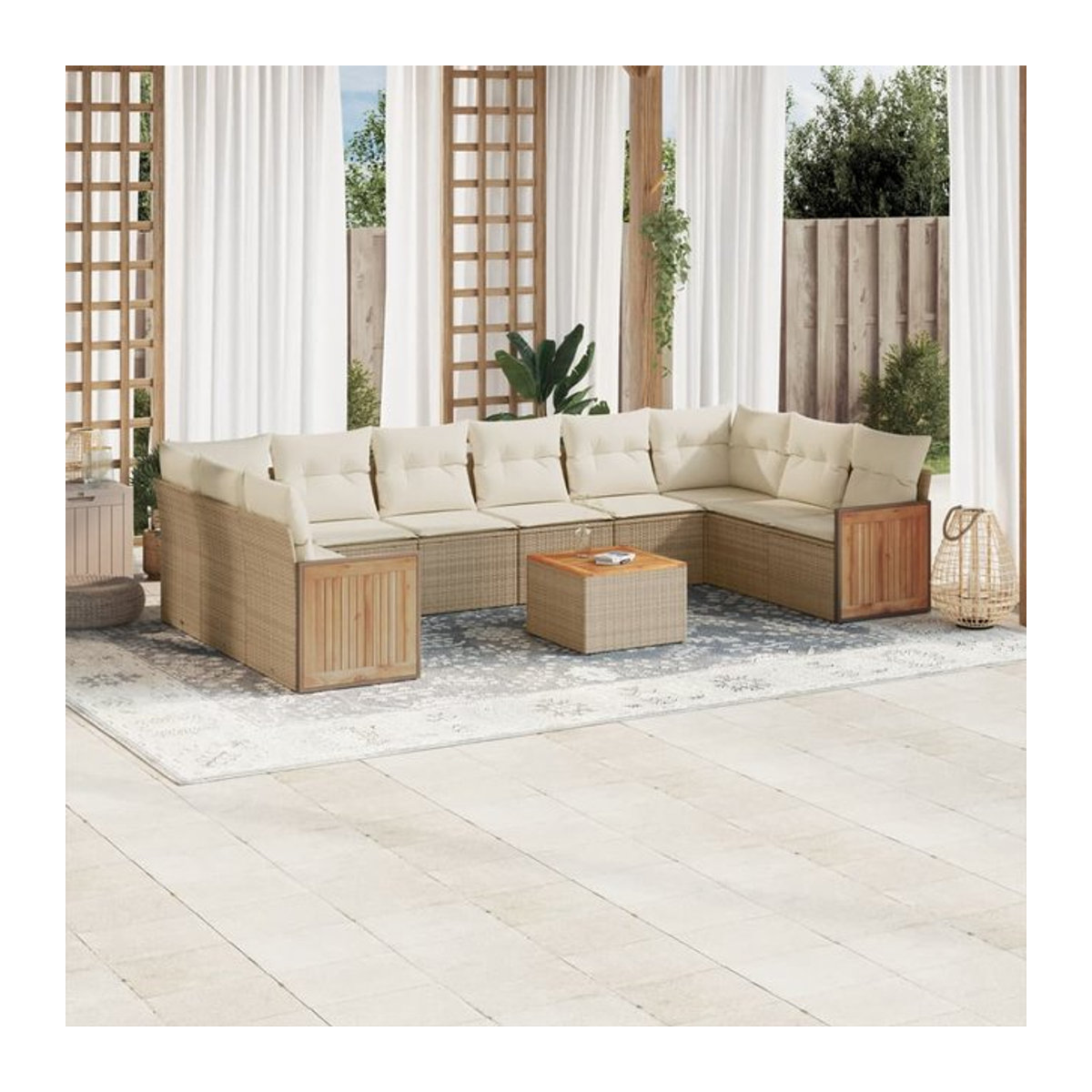 Vidaxl Gartenmöbel-Set aus Polyrattan und Akazie mit 11 Teilen und Kissen, Beige - Bild 1