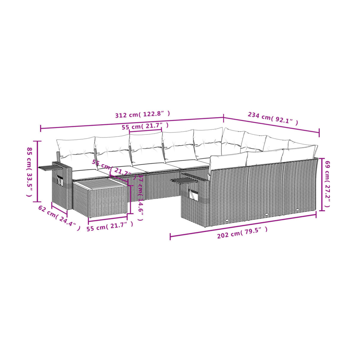 Vidaxl Gartenmöbel-Set aus Polyrattan und Akazie mit 11-teiligem Kissen-Set in Grau - Bild 2