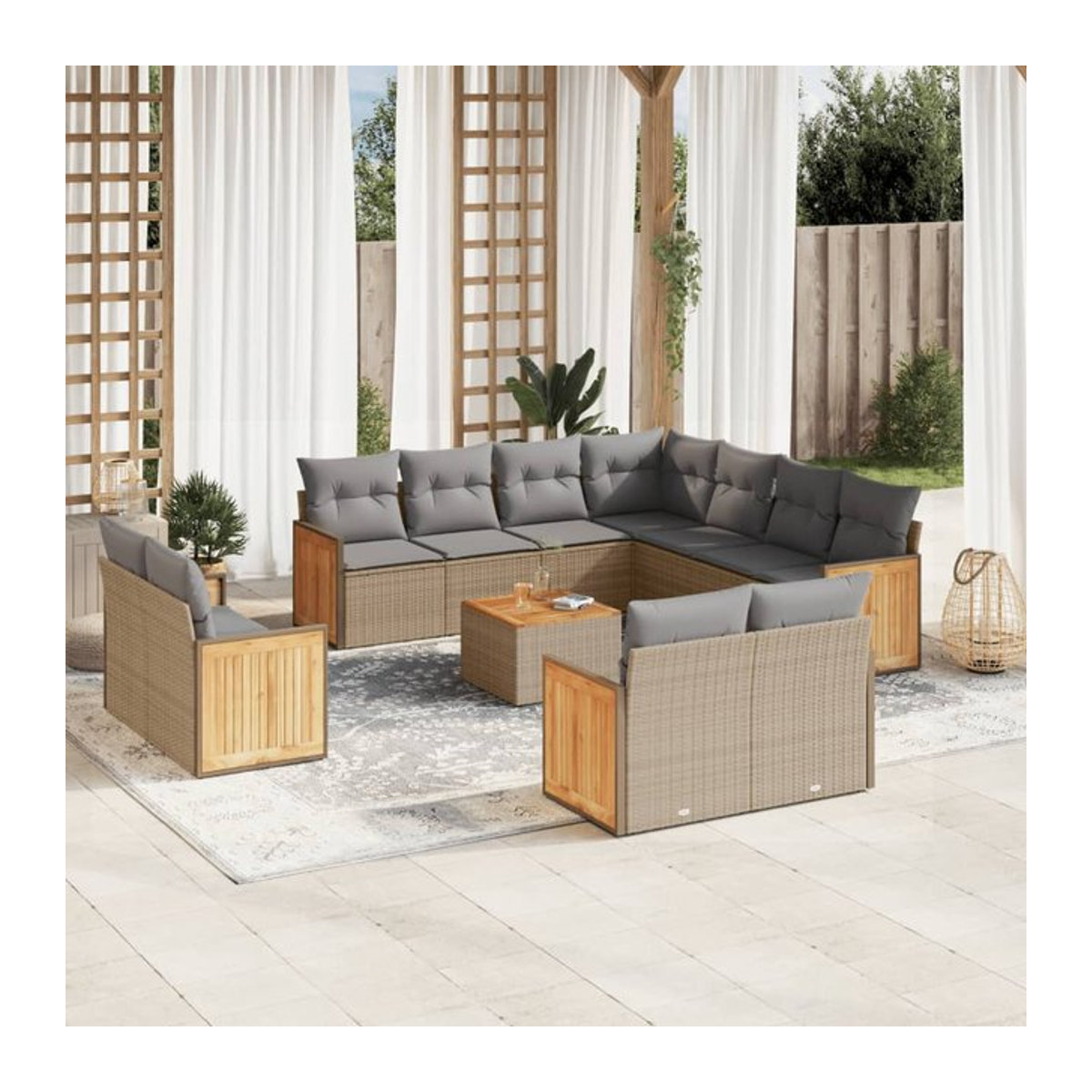 Vidaxl Gartenmöbel-Set aus Polyrattan und Akazie mit 12 Teilen und Kissen, Beige - Bild 1