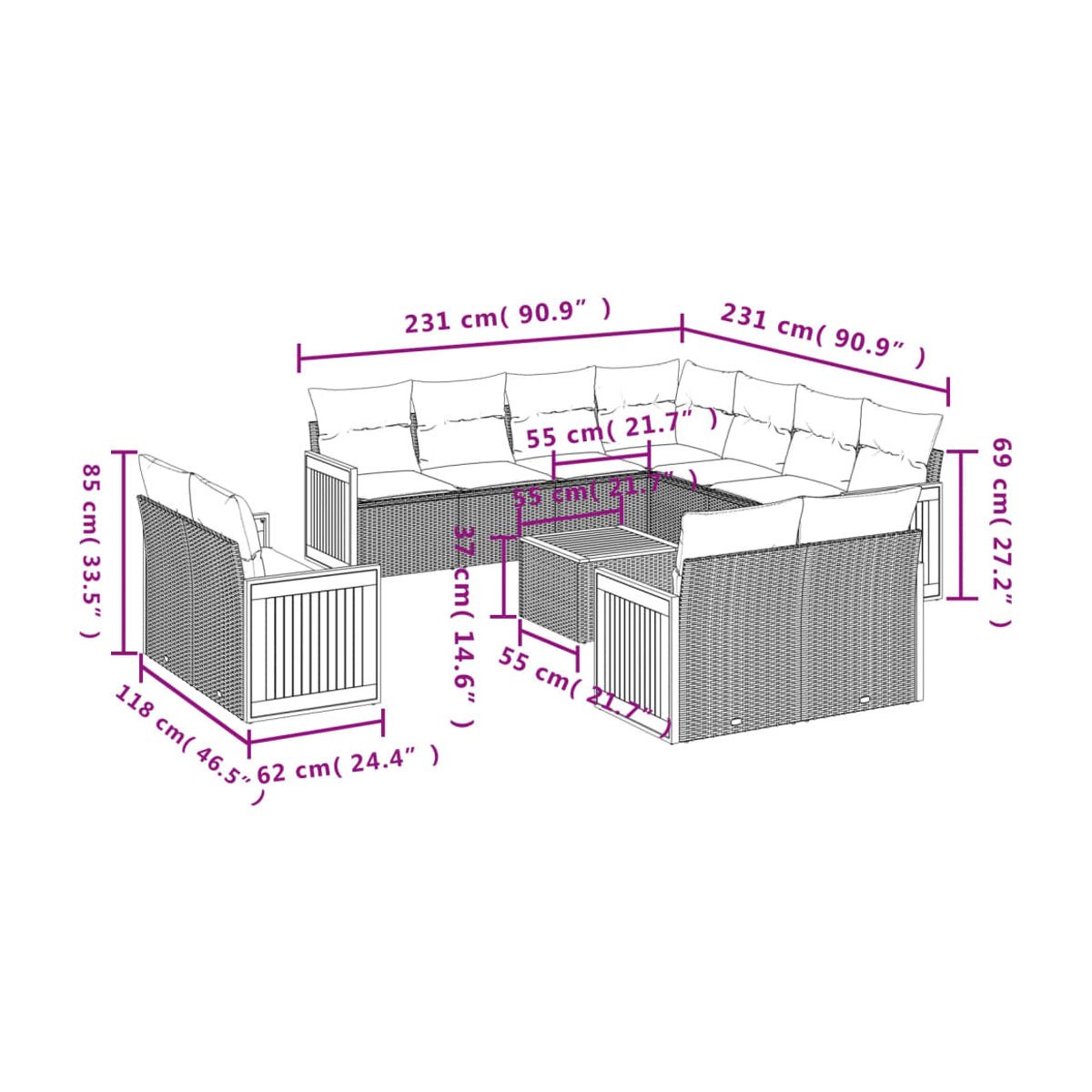 Vidaxl Gartenmöbel-Set aus Polyrattan und Akazie mit 12 Teilen und Kissen, Beige - Bild 3