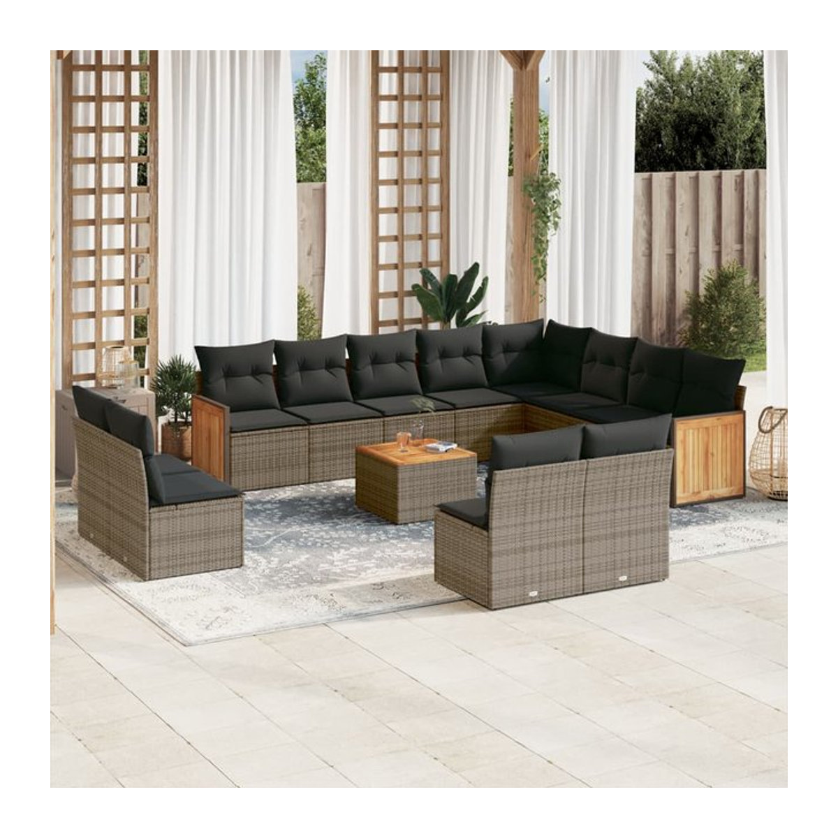 Vidaxl Gartenmöbel-Set aus Polyrattan und Akazie mit 13 Teilen und Kissen, Grau - Bild 1