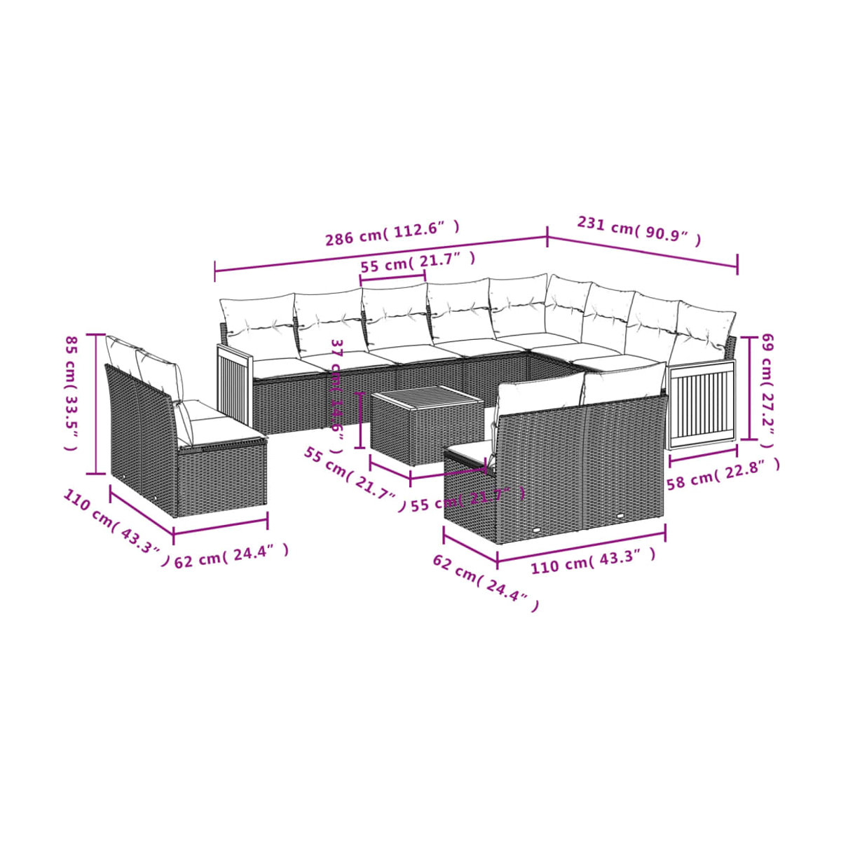 Vidaxl Gartenmöbel-Set aus Polyrattan und Akazie mit 13 Teilen und Kissen, Grau - Bild 3