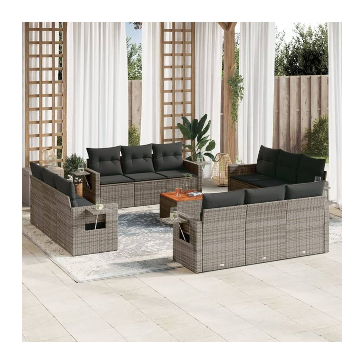 Vidaxl Gartenmöbel-Set aus Polyrattan und Akazie mit 13 Teilen und Kissen, Grau - Bild 1