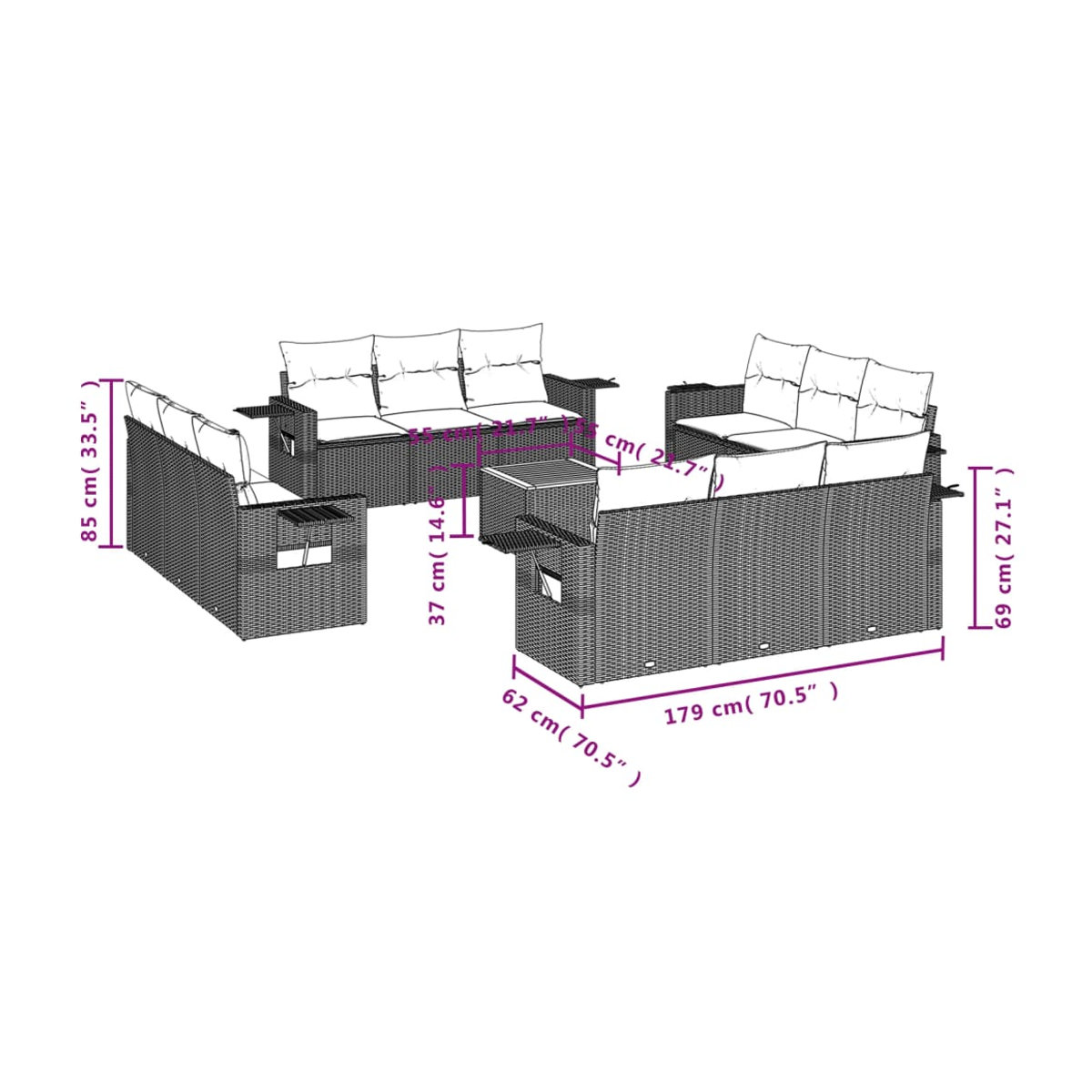 Vidaxl Gartenmöbel-Set aus Polyrattan und Akazie mit 13 Teilen und Kissen, Grau - Bild 2