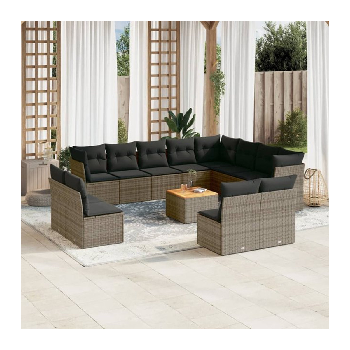 Vidaxl Gartenmöbel-Set aus Polyrattan und Akazie mit 13 Teilen und Kissen, Grau - Bild 1