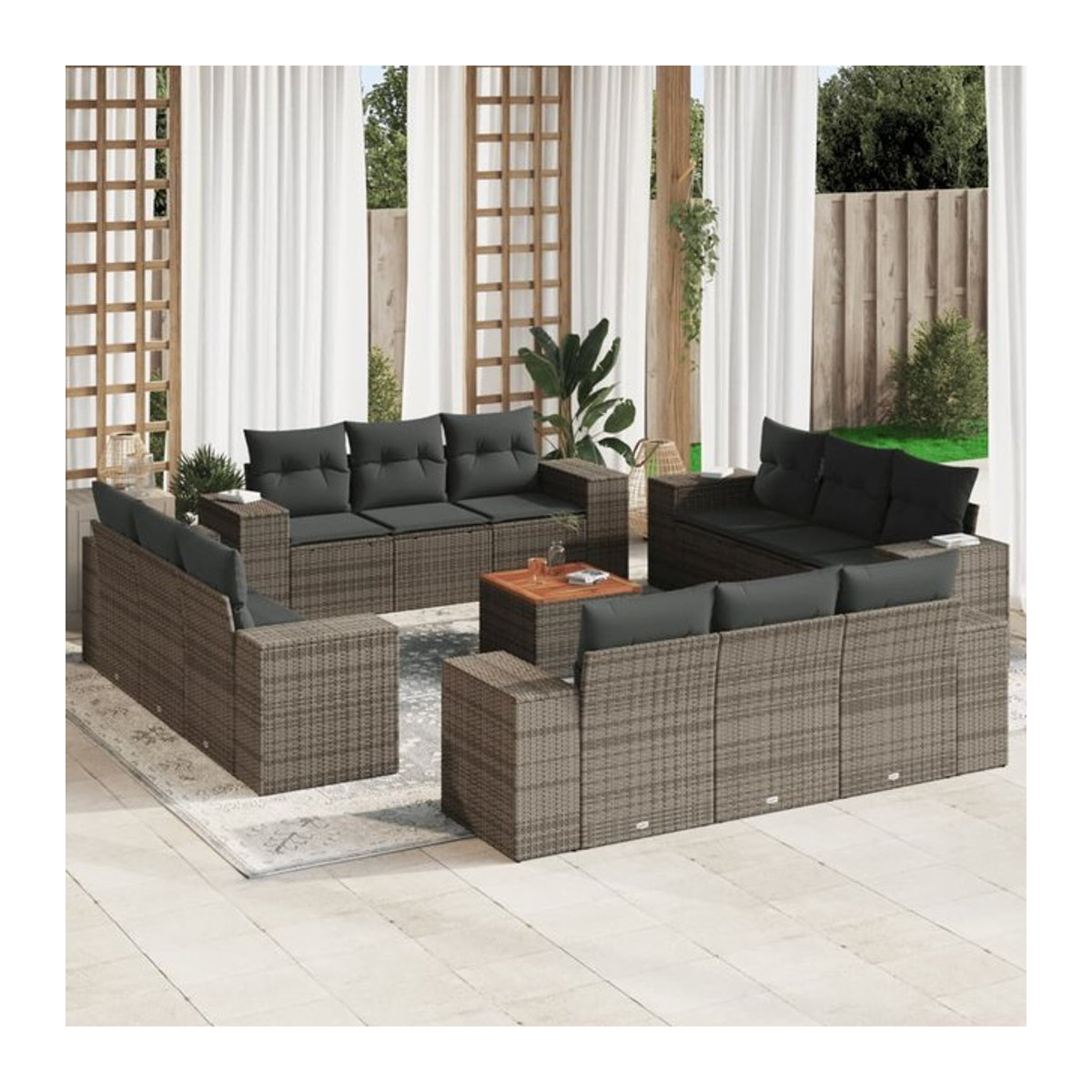 Vidaxl Gartenmöbel-Set aus Polyrattan und Akazie mit 13 Teilen und Kissen, Grau - Bild 1