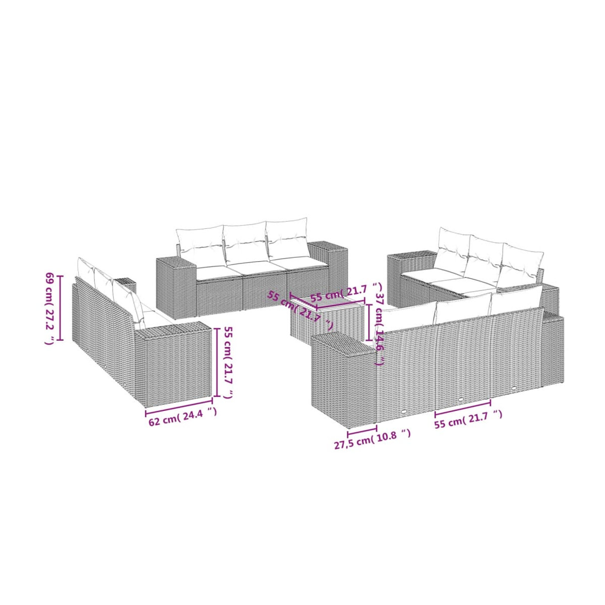Vidaxl Gartenmöbel-Set aus Polyrattan und Akazie mit 13 Teilen und Kissen, Grau - Bild 3