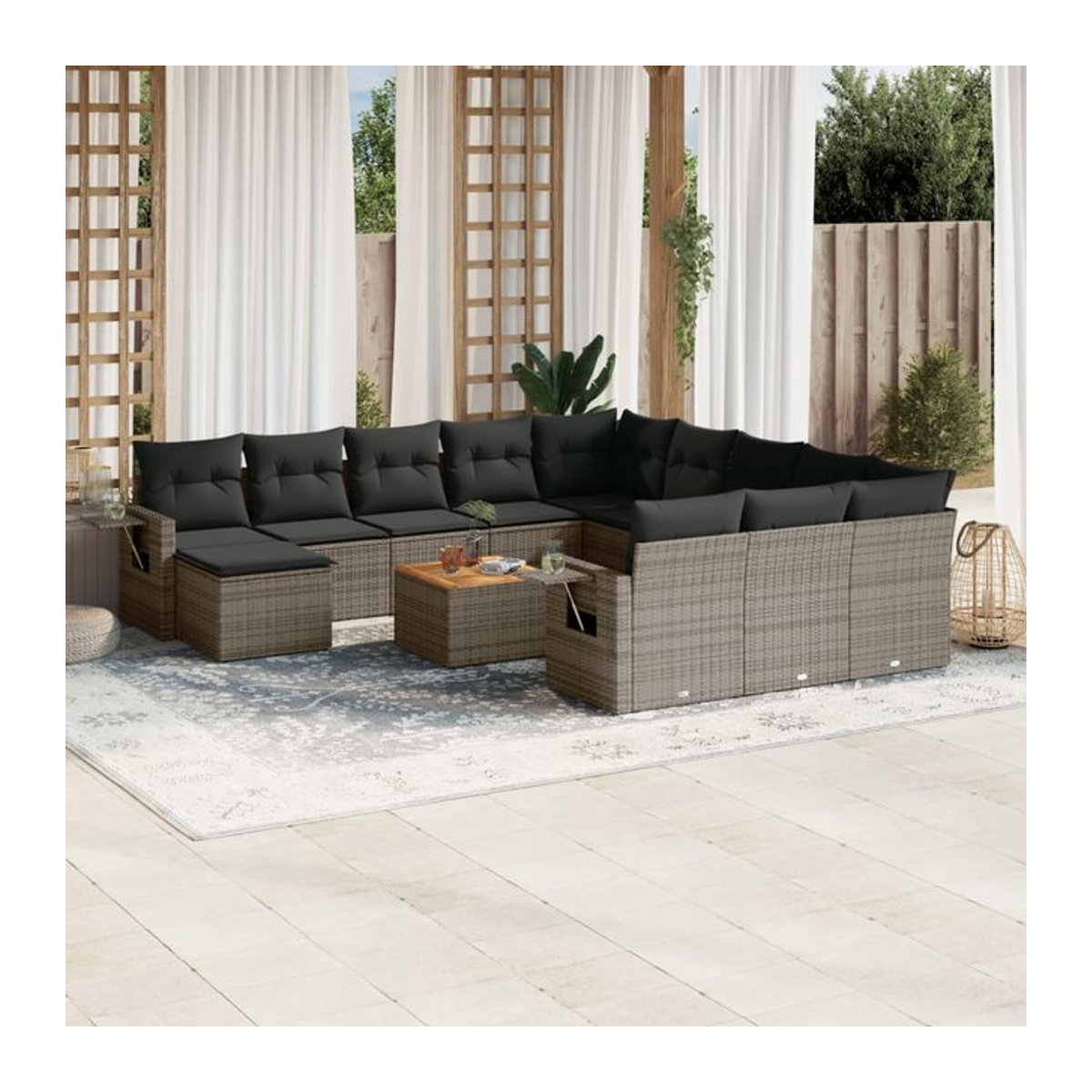 Vidaxl Gartenmöbel-Set aus Polyrattan und Akazie mit 13-teiligem Kissen-Set, Grau - Bild 1