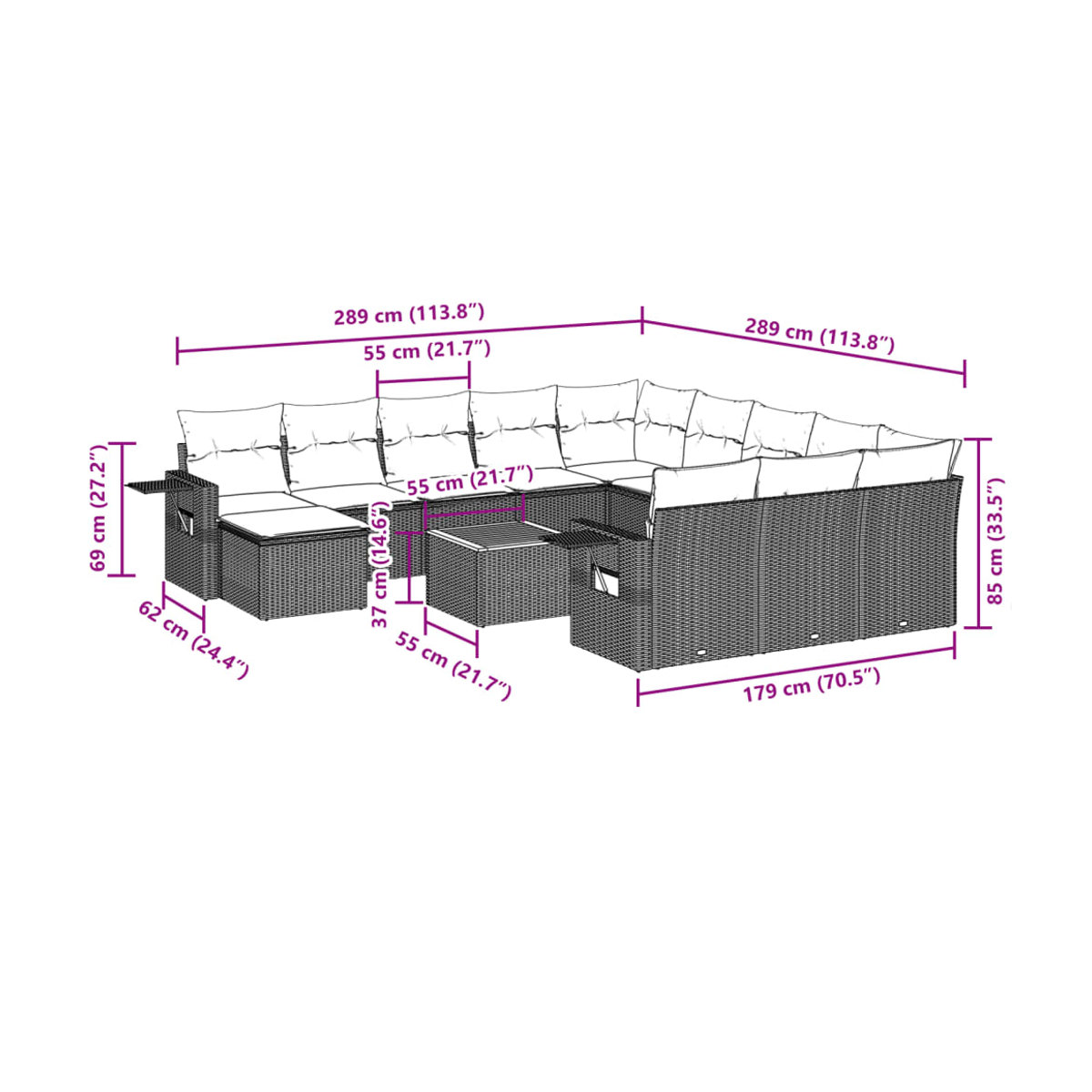 Vidaxl Gartenmöbel-Set aus Polyrattan und Akazie mit 13-teiligem Kissen-Set, Grau - Bild 3