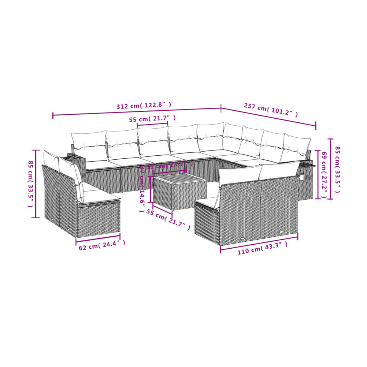 Vidaxl Gartenmöbel-Set aus Polyrattan und Akazie mit 13-teiligen Kissen in Grau - Bild 3