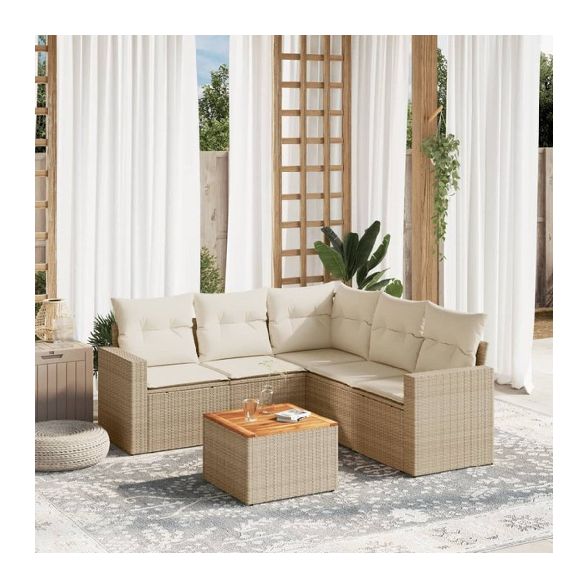 Vidaxl Gartenmöbel-Set aus Polyrattan und Akazie mit 6 Teilen und Kissen, Beige - Bild 1