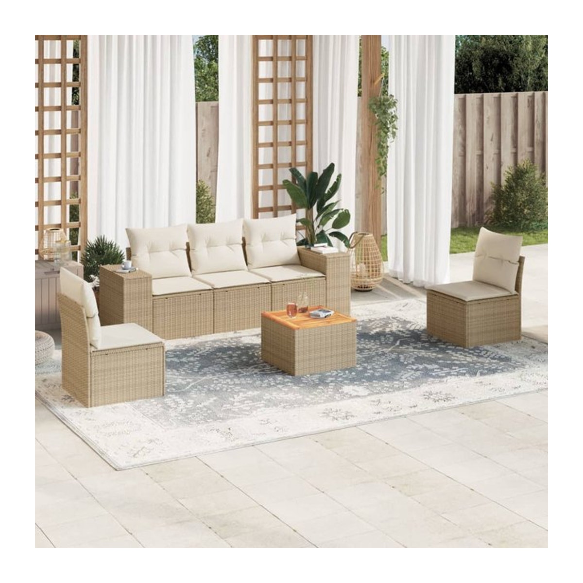 Vidaxl Gartenmöbel-Set aus Polyrattan und Akazie mit 6 Teilen und Kissen in Beige - Bild 1