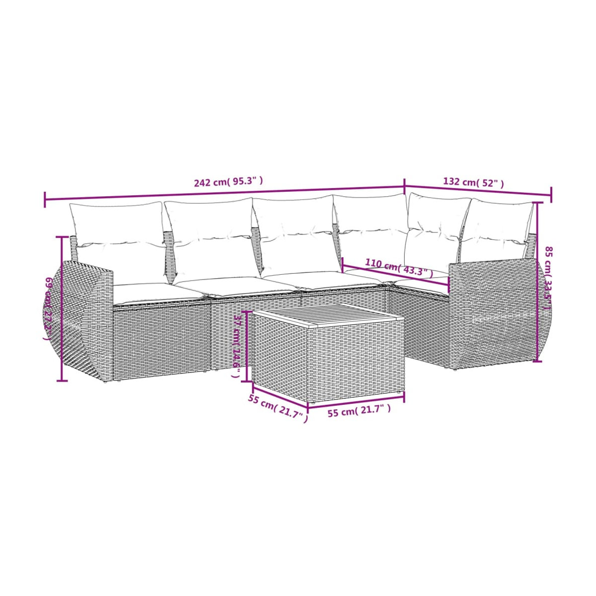 Vidaxl Gartenmöbel-Set aus Polyrattan und Akazie mit 6-teiliger Polsterung in Schwarz - Bild 2