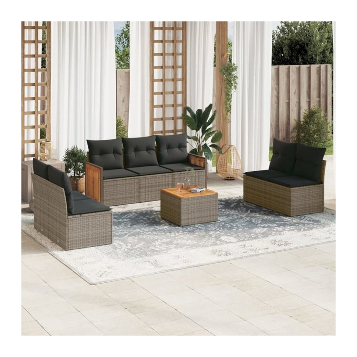 Vidaxl Gartenmöbel-Set aus Polyrattan und Akazie mit 8 Teilen und Kissen, Grau - Bild 1