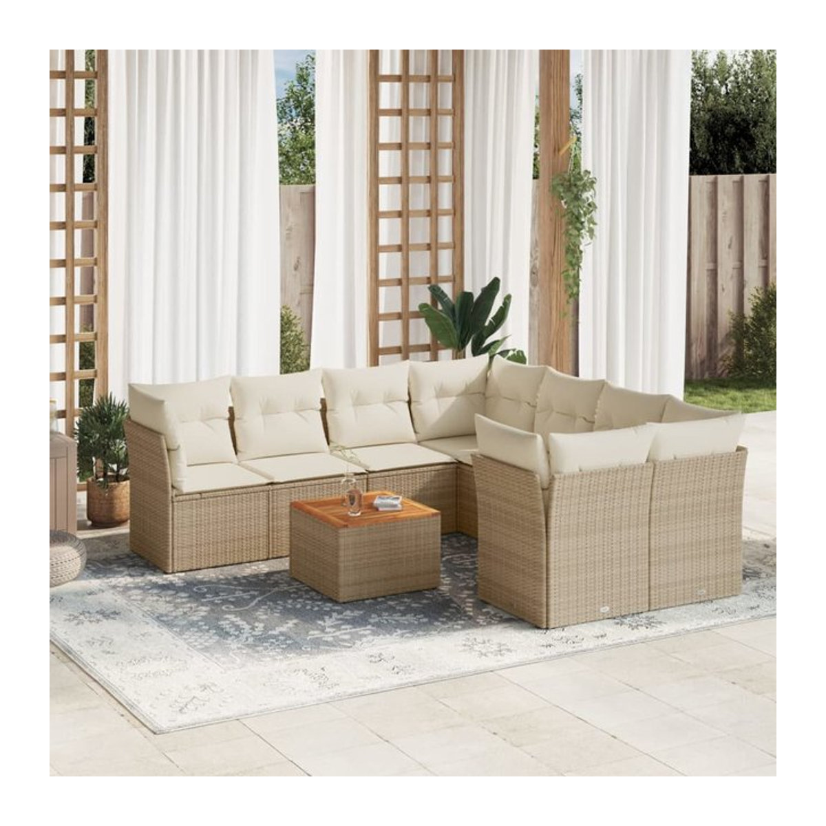 Vidaxl Gartenmöbel-Set aus Polyrattan und Akazie mit 9 Teilen und Kissen, Beige - Bild 1