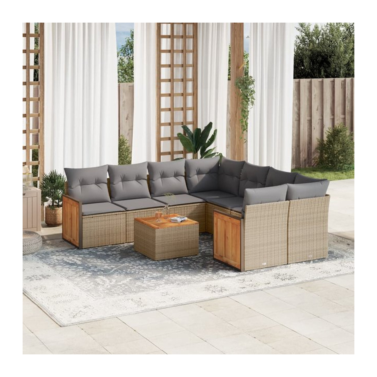 Vidaxl Gartenmöbel-Set aus Polyrattan und Akazie mit 9 Teilen und Kissen, Beige - Bild 1