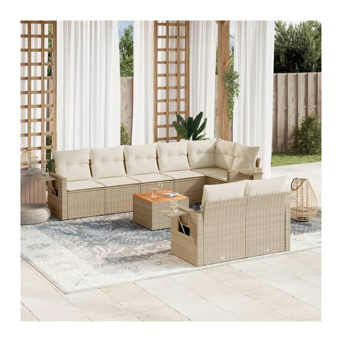 Vidaxl Gartenmöbel-Set aus Polyrattan und Akazie mit 9 Teilen und Kissen, Beige - Bild 1