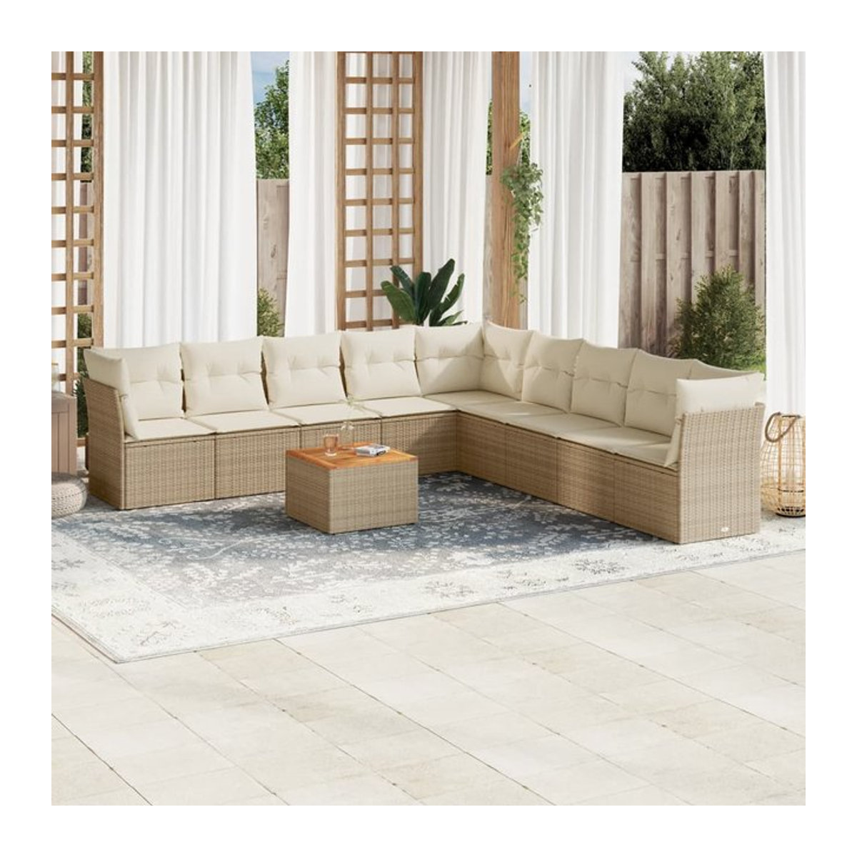 Vidaxl Gartenmöbel-Set aus Polyrattan und Akazie mit Kissen, 10-teilig, Beige - Bild 1
