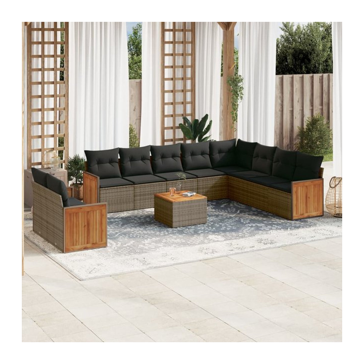 Vidaxl Gartenmöbel-Set aus Polyrattan und Akazie mit Kissen, 11-teilig, Grau - Bild 1