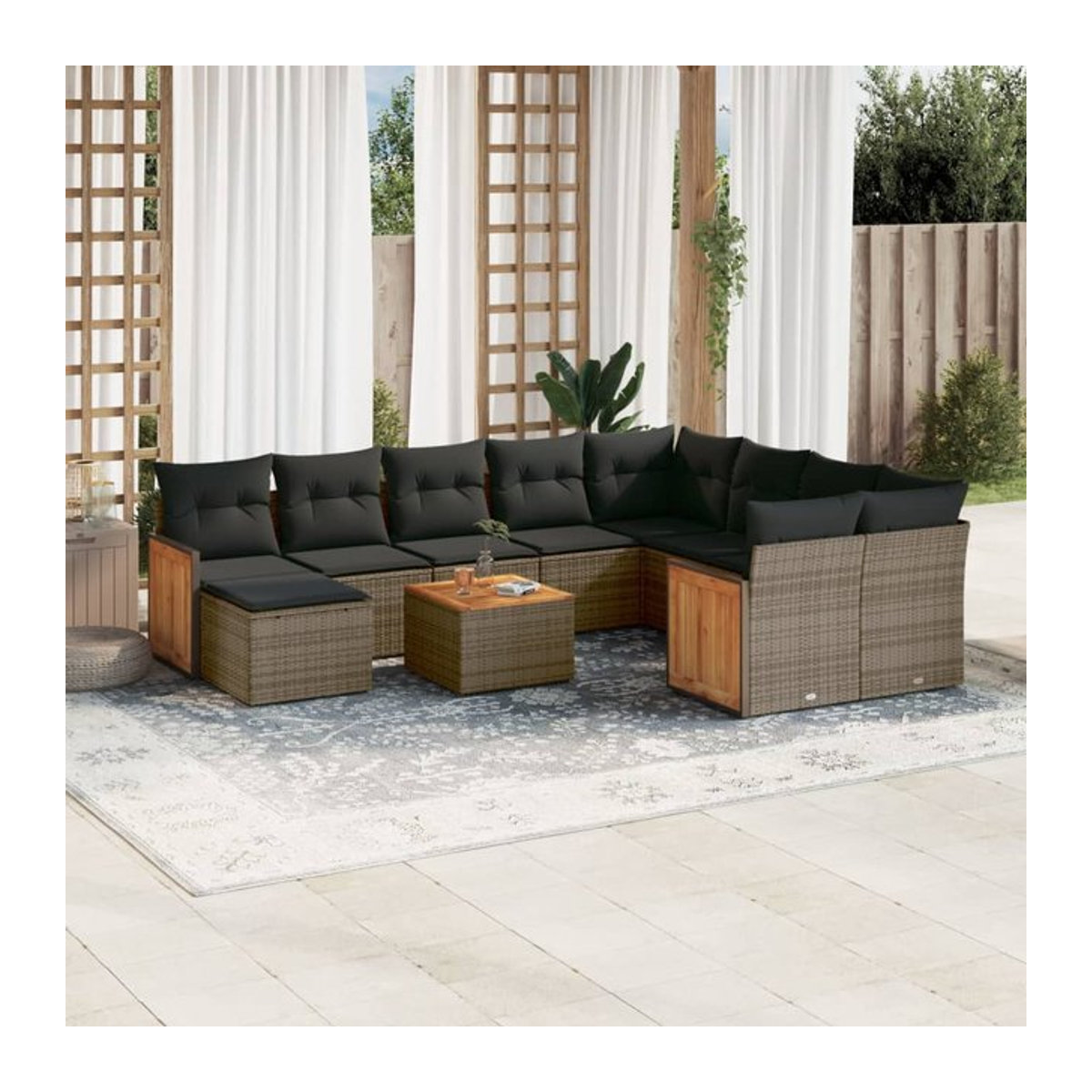 Vidaxl Gartenmöbel-Set aus Polyrattan und Akazie mit Kissen, 11-teilig, Grau - Bild 1