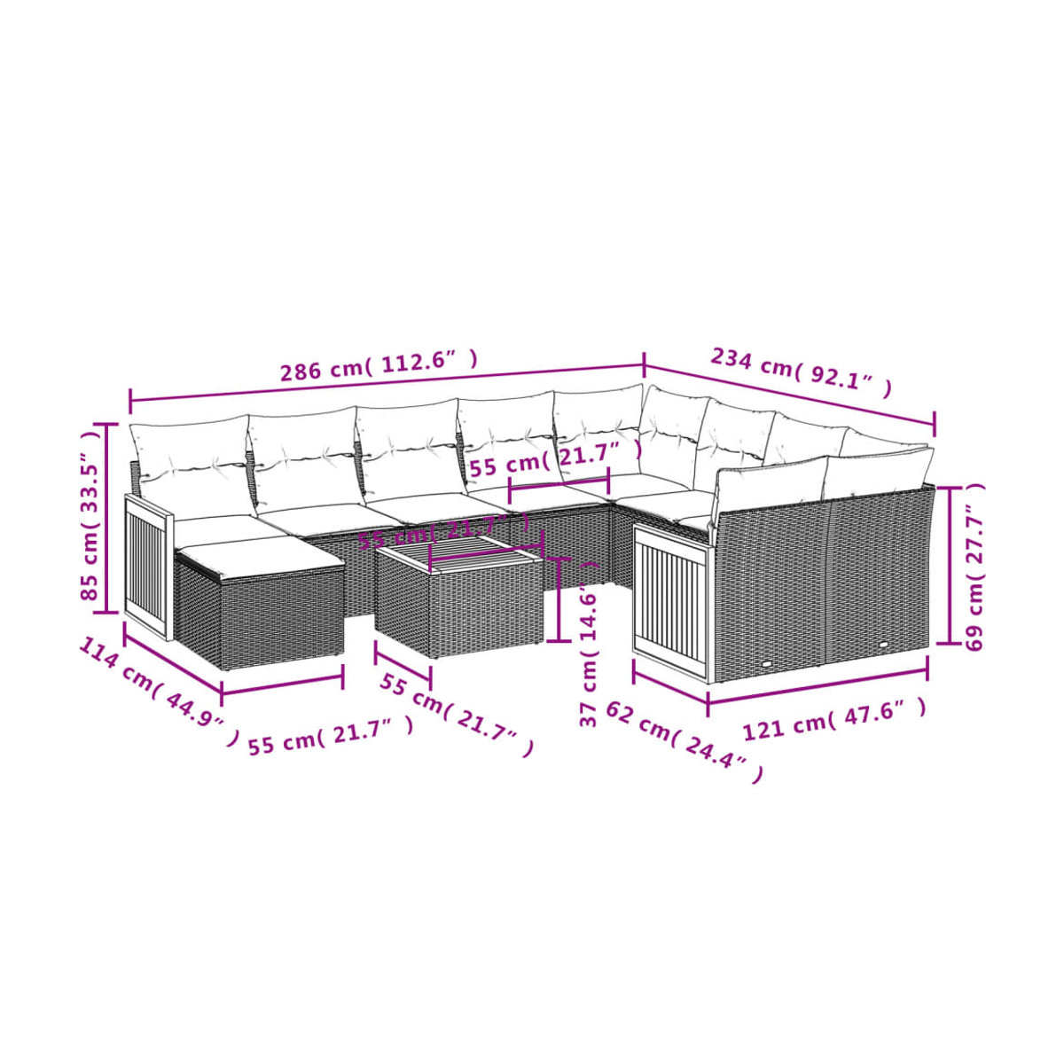 Vidaxl Gartenmöbel-Set aus Polyrattan und Akazie mit Kissen, 11-teilig, Grau - Bild 3