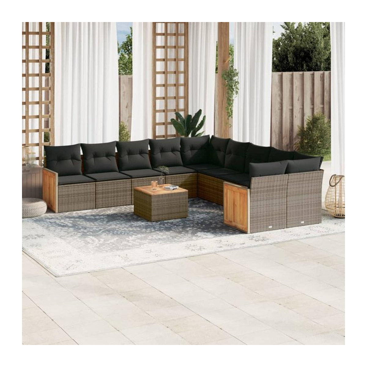 Vidaxl Gartenmöbel-Set aus Polyrattan und Akazie mit Kissen, 11-teilig, Grau - Bild 1