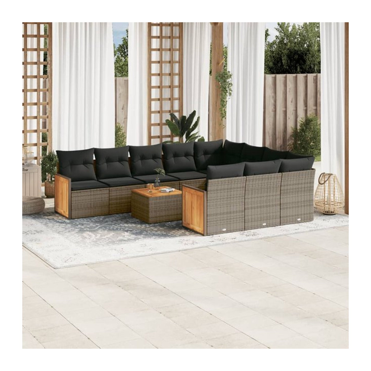 Vidaxl Gartenmöbel-Set aus Polyrattan und Akazie mit Kissen, 11-teilig, Grau - Bild 1