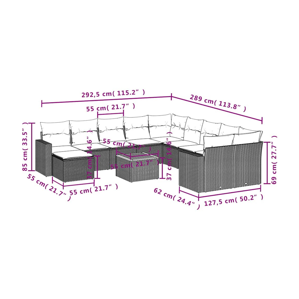 Vidaxl Gartenmöbel-Set aus Polyrattan und Akazie mit Kissen, 12-teilig, Schwarz - Bild 2