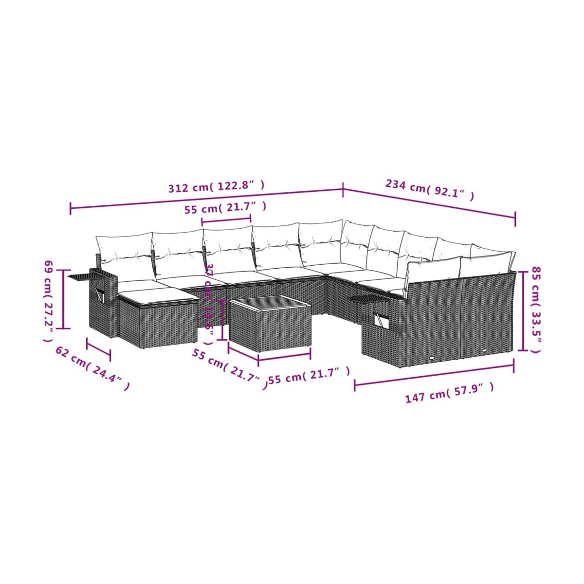 Vidaxl Gartenmöbel-Set aus Polyrattan und Akazie mit Kissen, 12-teilig, Schwarz - Bild 2