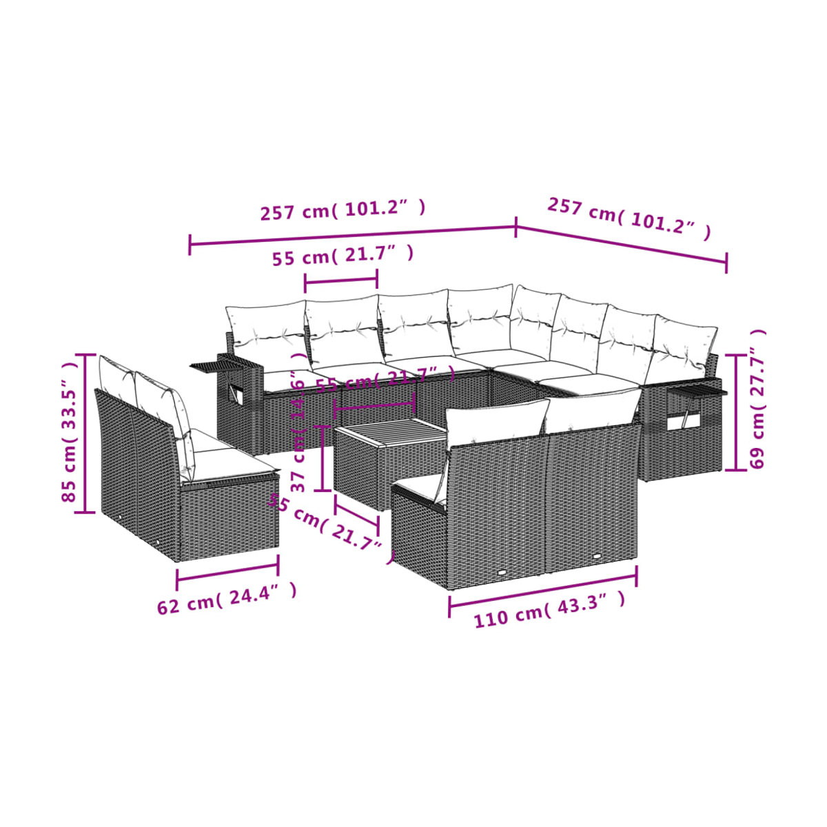 Vidaxl Gartenmöbel-Set aus Polyrattan und Akazie mit Kissen, 12-teilig, Schwarz - Bild 2