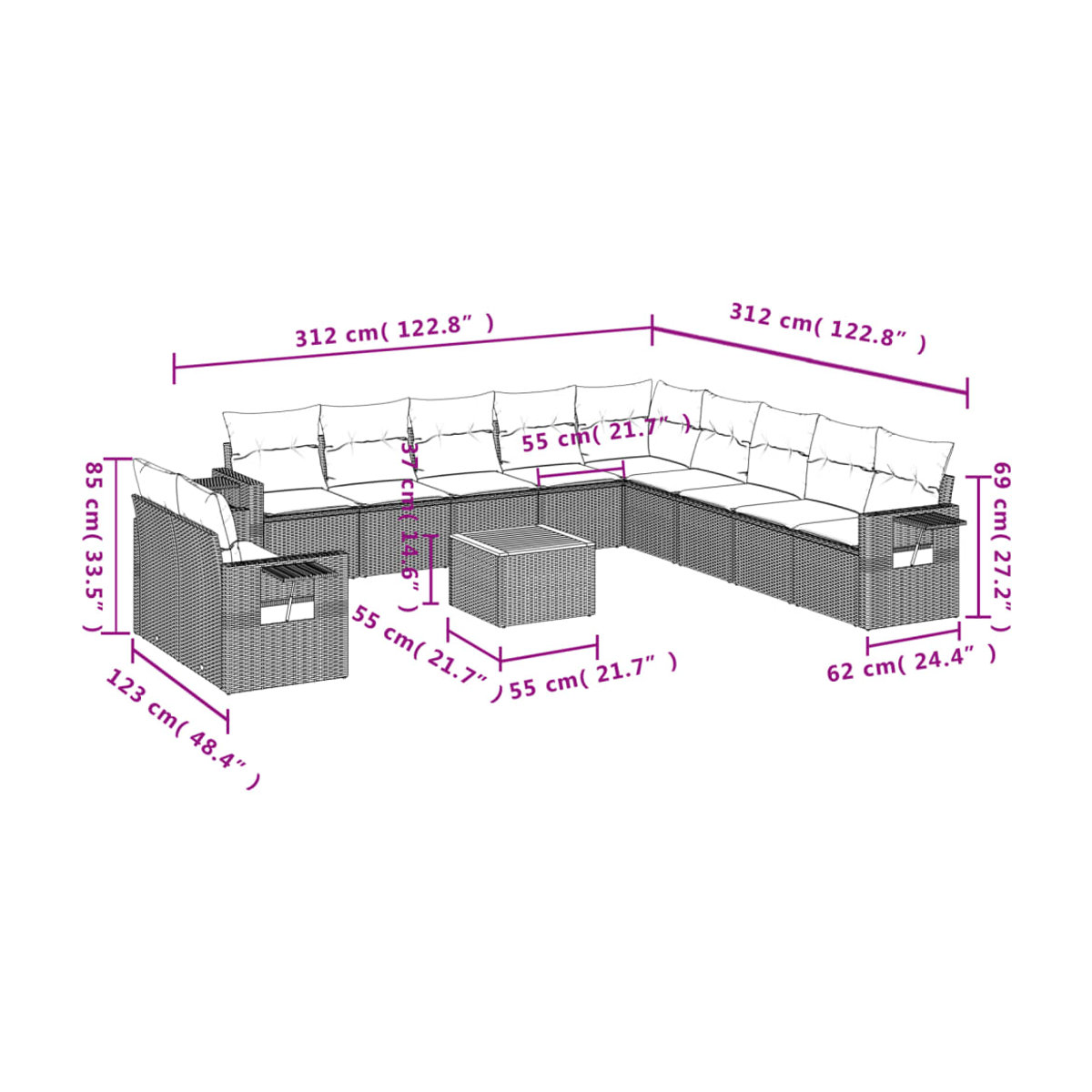 Vidaxl Gartenmöbel-Set aus Polyrattan und Akazie mit Kissen, 12-teilig, Schwarz - Bild 2