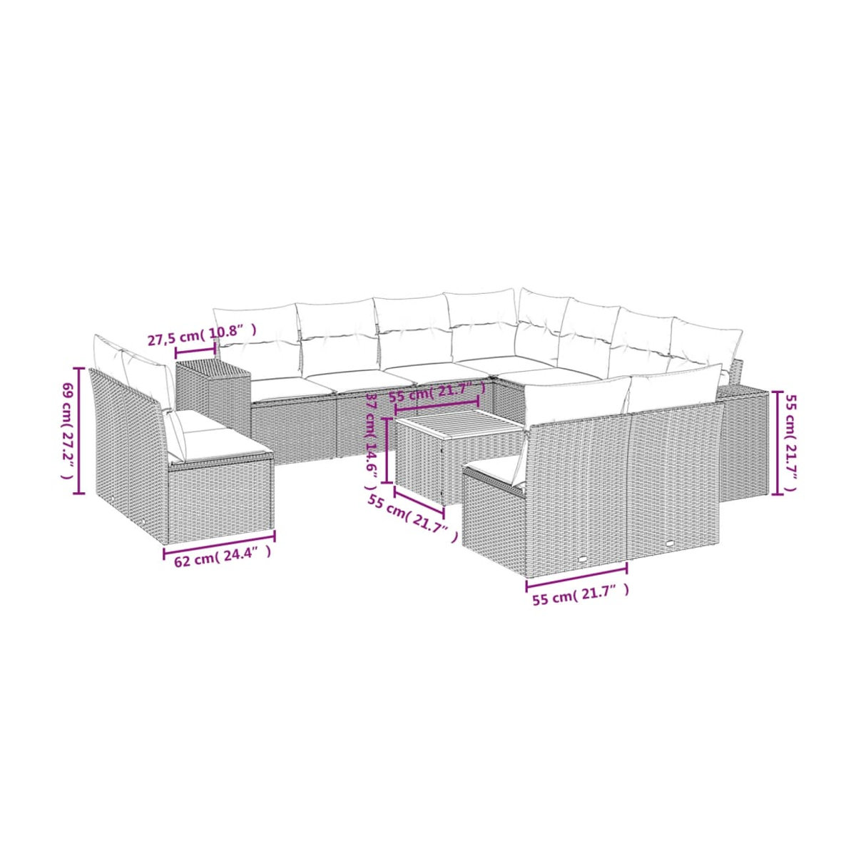 Vidaxl Gartenmöbel-Set aus Polyrattan und Akazie mit Kissen, 12-teilig, Schwarz - Bild 2