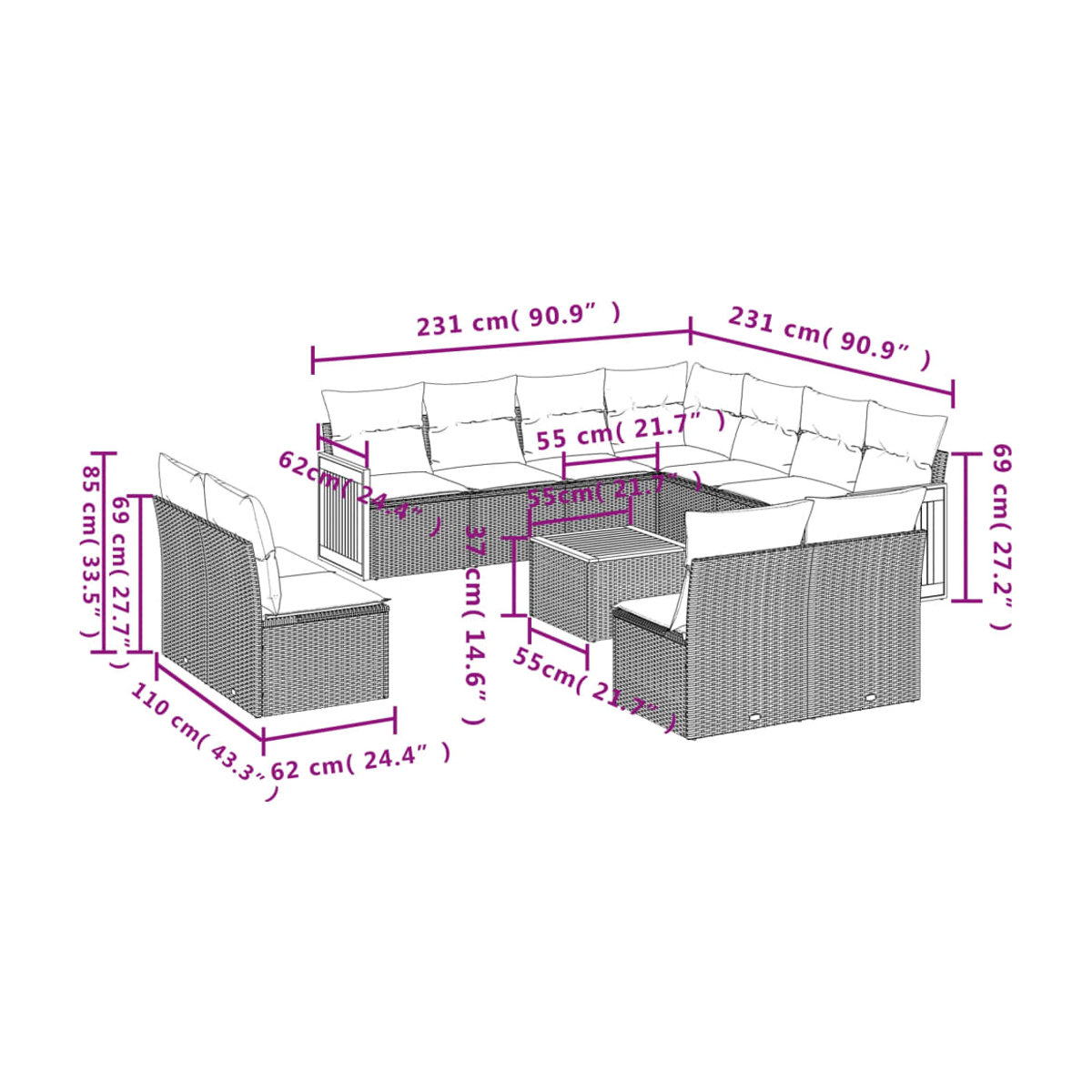 Vidaxl Gartenmöbel-Set aus Polyrattan und Akazie mit Kissen, 12-teilig, Schwarz - Bild 3