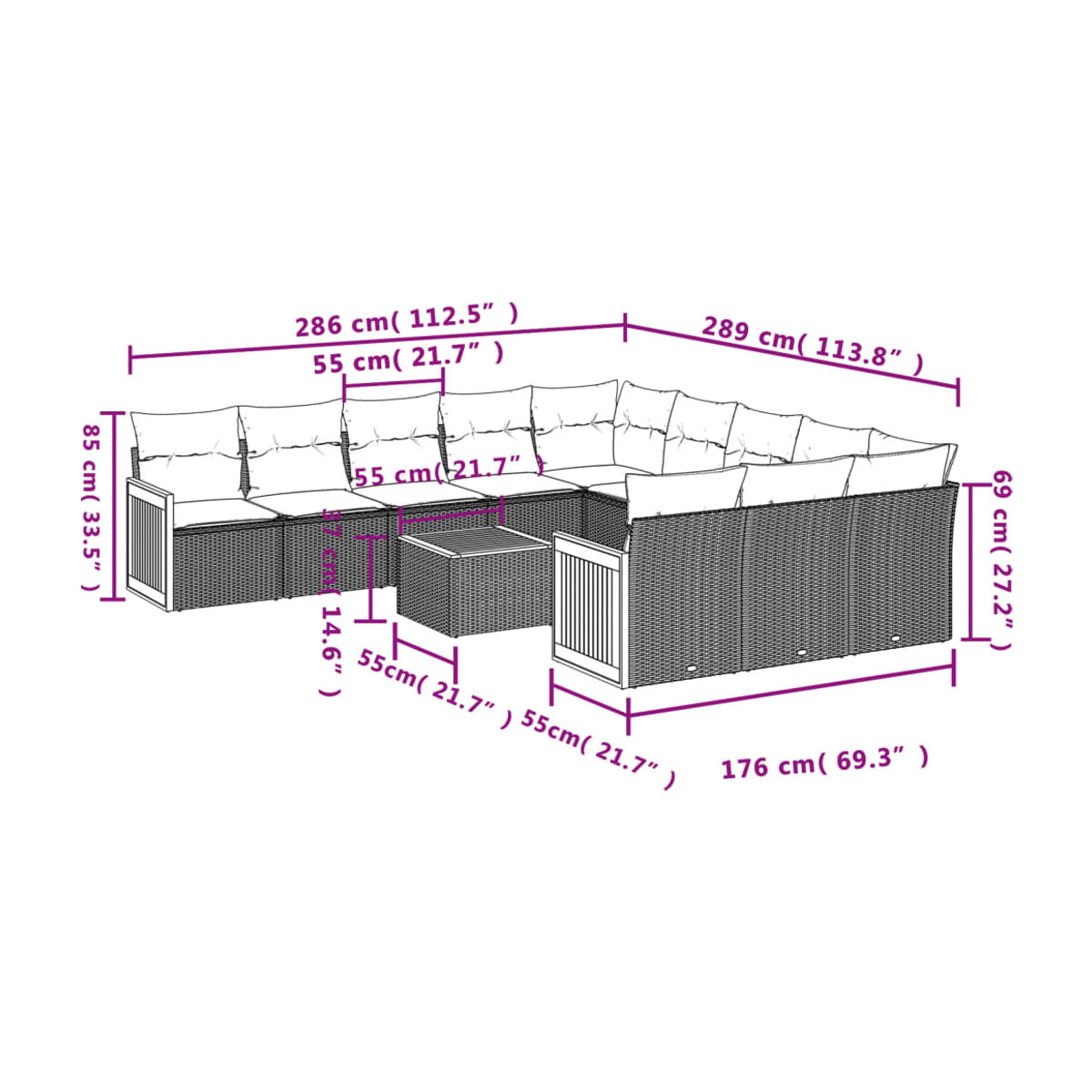 Vidaxl Gartenmöbel-Set aus Polyrattan und Akazie mit Kissen, 12-teilig, Schwarz - Bild 2
